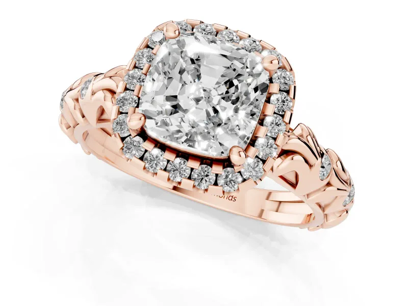 Cushion Cut Filigree Leaf Halo Engagement Ring Setting | Bezel Leaf Accents | Rose Gold