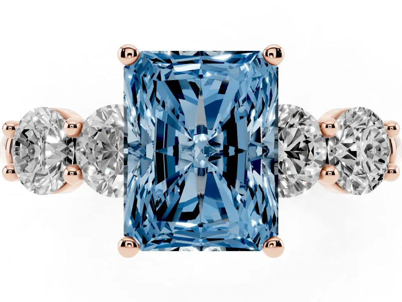 Radiant Cut Five Stone Engagement Ring Setting for a Fancy Blue Lab-Grown Diamond | Prong Set Side Stones | Rose Gold