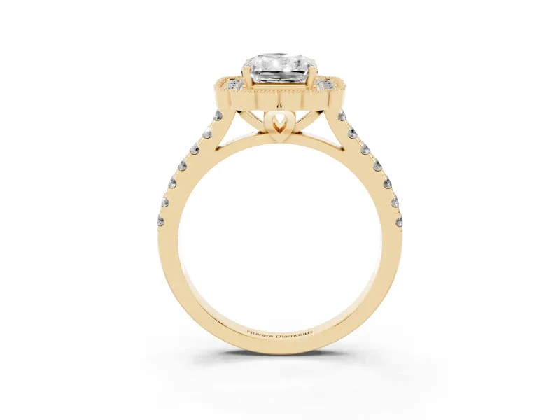 Radiant Cut Diamond Milgrain Floral Halo Engagement Ring Set in Yellow gold with Pavé Band