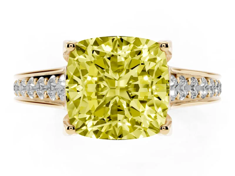 Fancy Yellow Cushion Cut Diamond Solitaire Pavé Engagement Ring Set in Yellow gold with Prong Setting