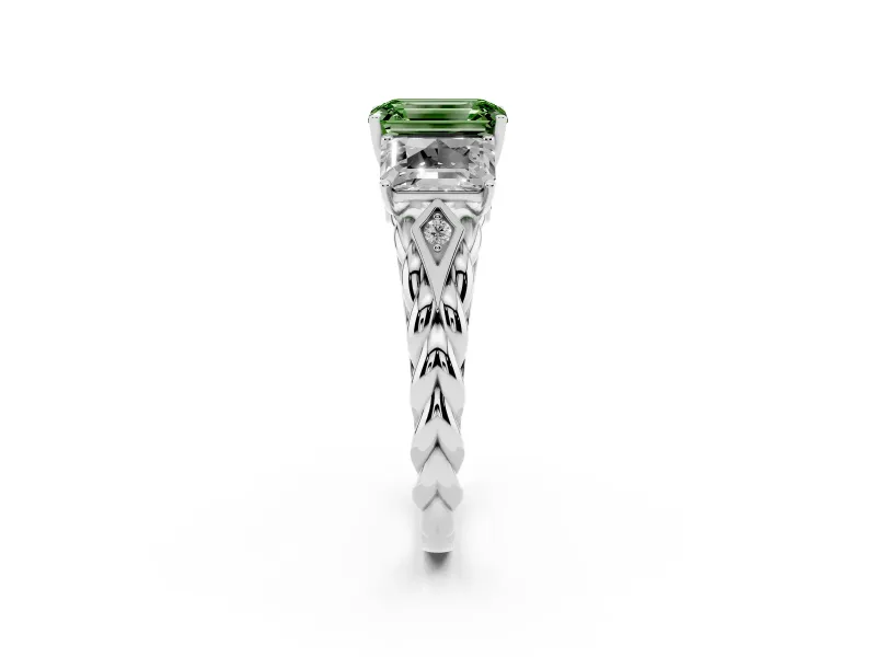 Fancy Green Emerald Cut Diamond Three-Stone Ring Set in Silver with Braided Band