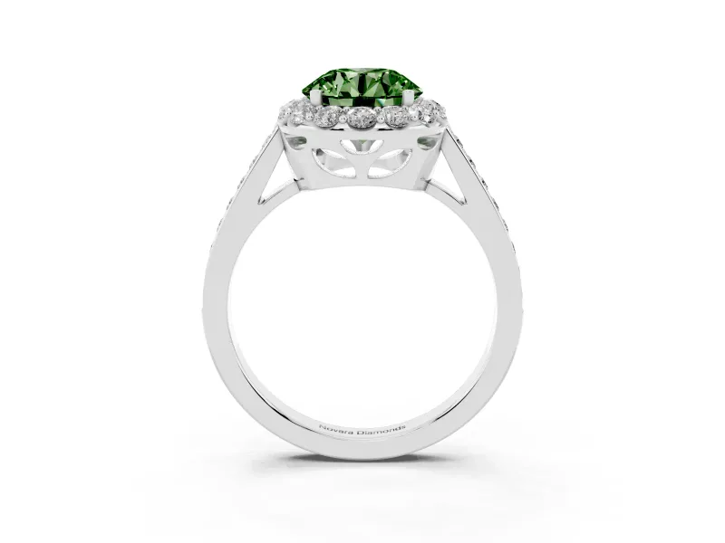 Fancy Green Round Cut Diamond Floral Halo Ring Set in White gold with Pavé Band and Prong Setting