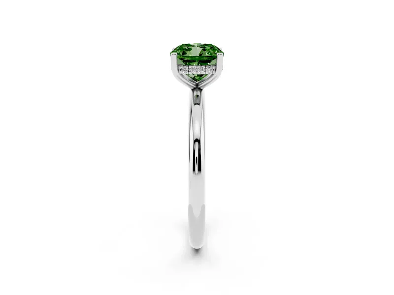 Fancy Green Cushion Cut Diamond Solitaire Engagement Ring Set in Silver with Prong Setting and Polished Band