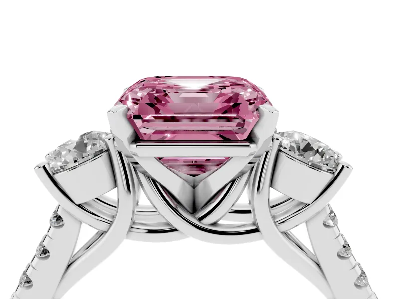 Fancy Pink Three-Stone Asscher Cut Diamond Pavé Band Ring Set in Platinum with Prong-Set Trio