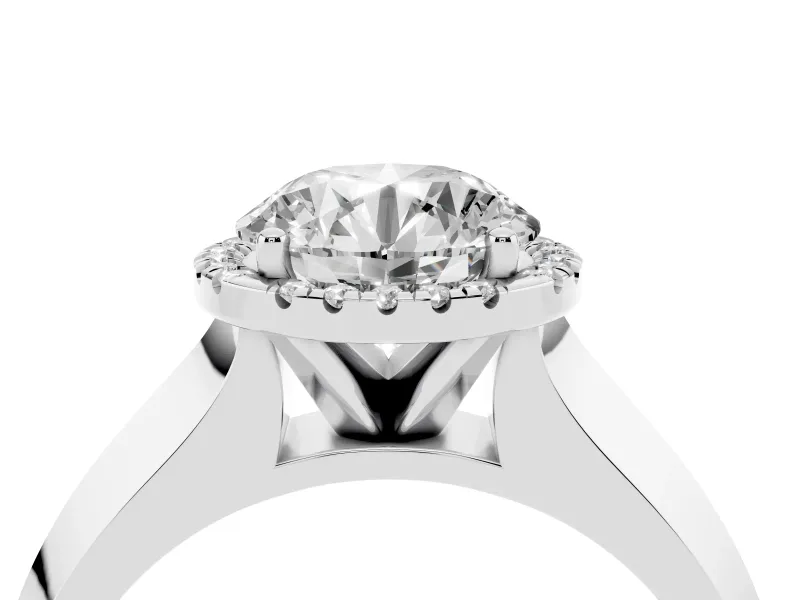 Round Cut Diamond Halo Ring Set in Platinum with Cathedral Band and Prong Setting