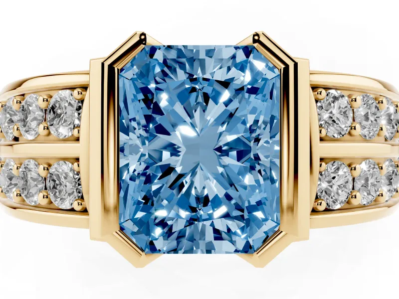 Radiant Cut Half Bezel Engagement Ring Setting for a Fancy Blue Lab-Grown Diamond | Channel Band | Yellow Gold