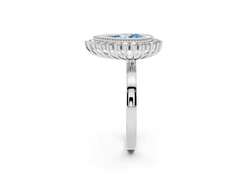 Fancy Blue Pear Cut Diamond Halo Ring Set in White gold with Milgrain Edge and Round Prong Setting