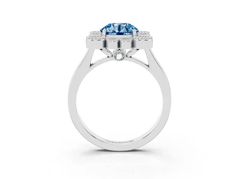 Round Milgrain Cluster Halo Engagement Ring Setting for a Fancy Blue Lab-Grown Diamond | Plain Band | Platinum