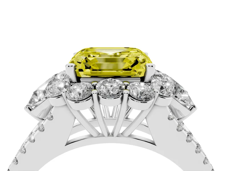 Asscher Cut Scalloped Halo Engagement Ring Setting for a Fancy Yellow Lab-Grown Diamond | Pear Side Stones | White Gold