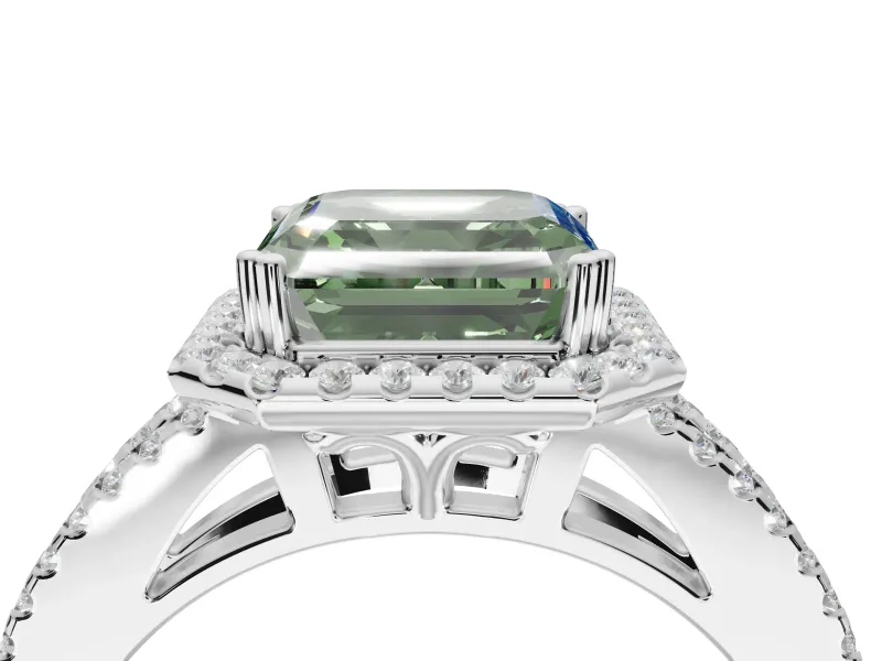 Asscher Cut Halo Split Shank Engagement Ring Setting for a Fancy Green Lab-Grown Diamond | Pavé Shoulders | Platinum