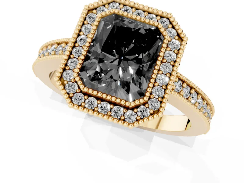 Radiant Cut Milgrain Halo Engagement Ring Setting for a Black Center | Pavé Band | Yellow Gold