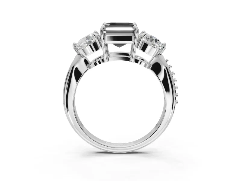 Fancy Black Asscher Cut Lab-Grown Diamond Three-Stone Ring Set in Platinum with Channel-Set Band and Prong Setting
