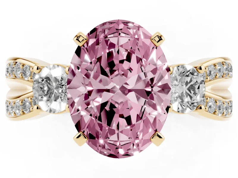 Oval Three-Stone Twist Engagement Ring Setting for a Fancy Pink Lab-Grown Diamond | Yellow Gold