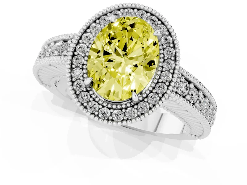 Fancy Yellow Oval Cut Diamond Halo Ring Set in White gold with Round Accent Halo, Pavé Band and Prong Setting