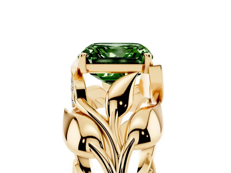 Asscher Cut Leaf Bypass Engagement Ring Setting for a Fancy Green Lab-Grown Diamond | Yellow Gold