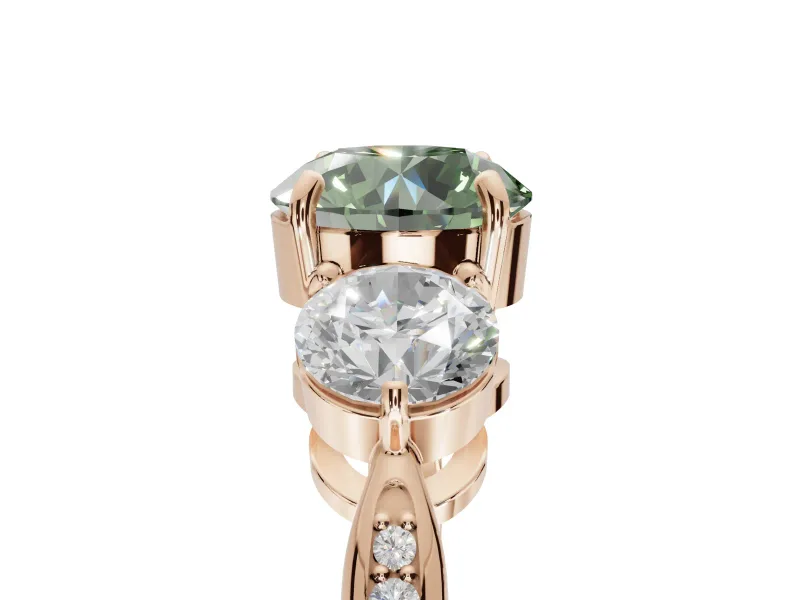 Round Three Stone Engagement Ring Setting for a Fancy Green Lab-Grown Diamond | Tapered Pave Band | Rose Gold