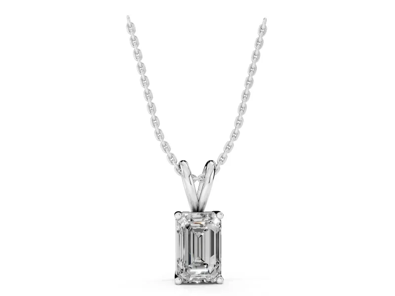 Emerald Cut Lab-Grown Diamond Solitaire Pendant Necklace | Corner Claw Prongs | White Gold