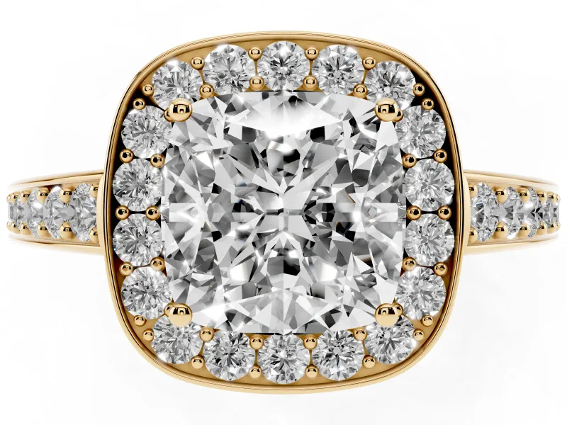 Cushion Cut Framed Halo Engagement Ring Setting | Graduated Pavé Band | Yellow Gold