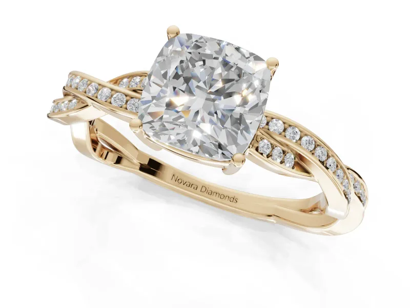 Cushion Cut Twisted Pavé Solitaire Engagement Ring Setting | Open Basket | Yellow Gold