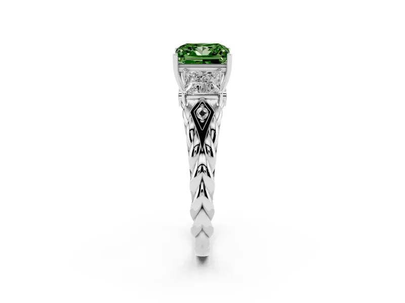 Fancy Green Princess Cut Diamond Three-Stone Ring Set in Platinum with Braided Band