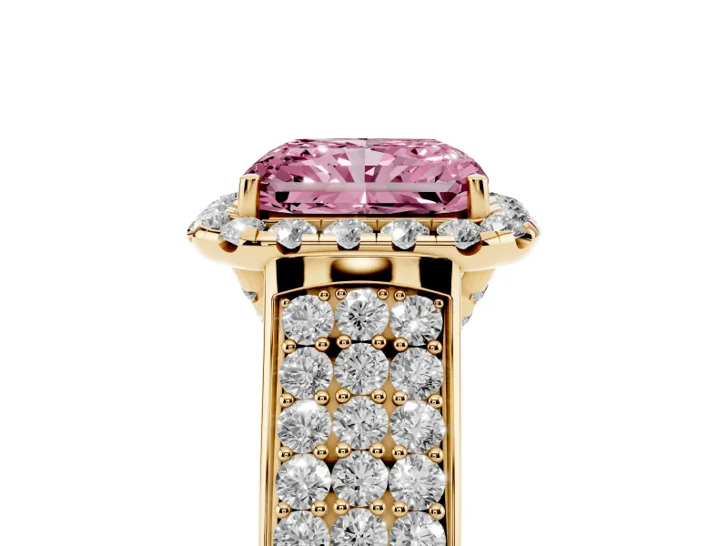 Radiant Cut Pavé Engagement Ring Setting for a Fancy Pink Lab-Grown Diamond | Wide Three-Row Band | Yellow Gold