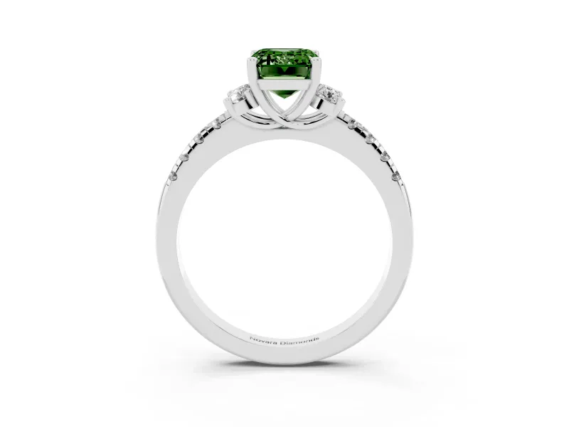 Emerald Cut Side Stone Engagement Ring Setting for a Fancy Green Lab-Grown Diamond | Pave Band | White Gold