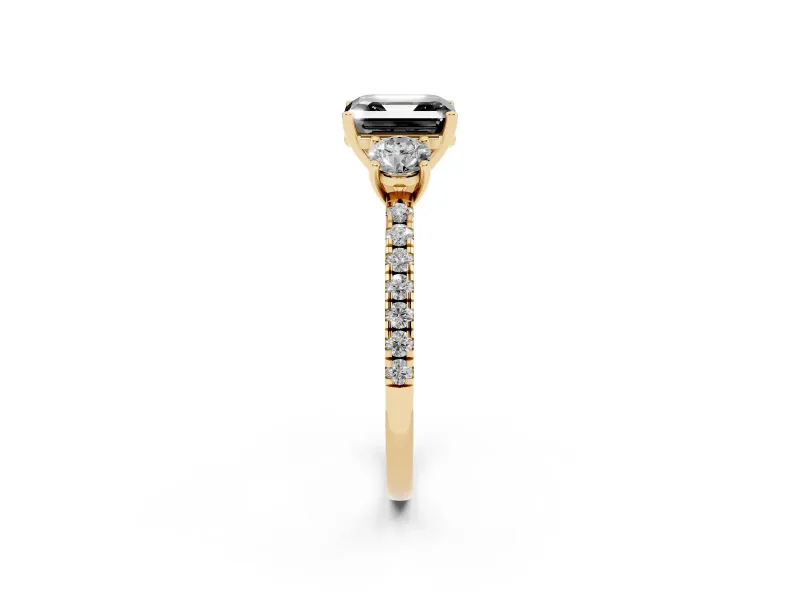 Asscher Cut Three Stone Engagement Ring Setting for a Black Center | Pavé Shoulders | Yellow Gold