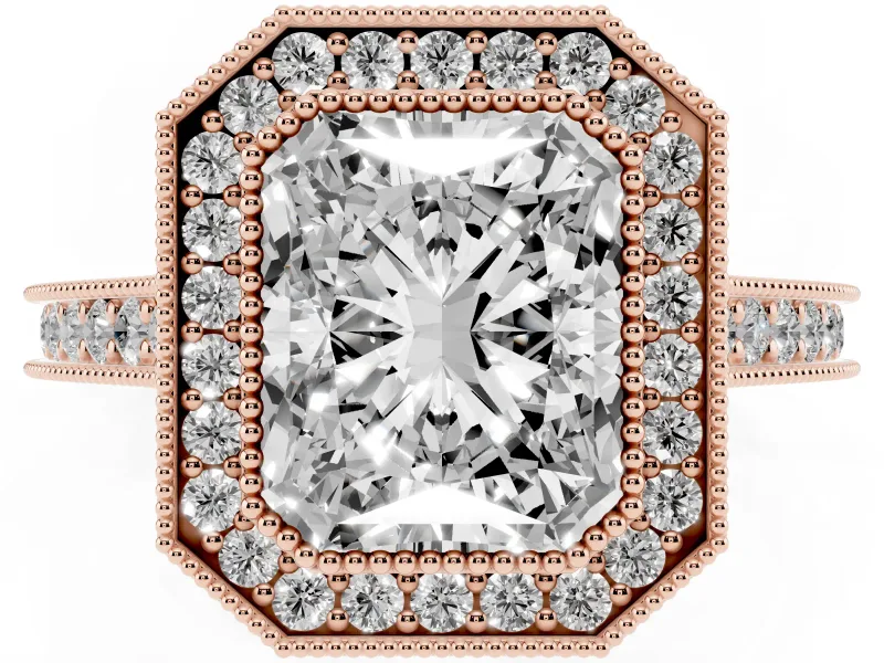 Radiant Cut Vintage Milgrain Halo Engagement Ring Setting | Bezel Head | Rose Gold