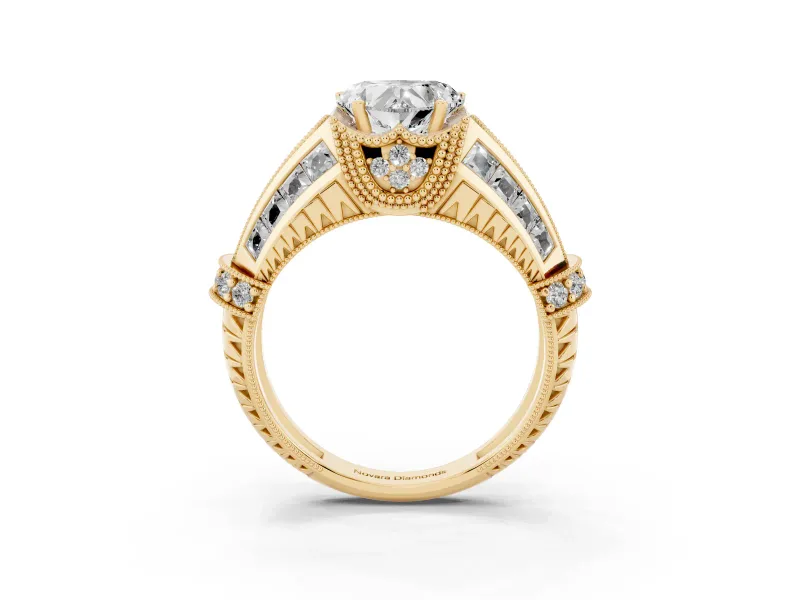 Heart Cut Diamond Vintage-Inspired Milgrain Ring Set in Yellow gold with Accent Split Shank