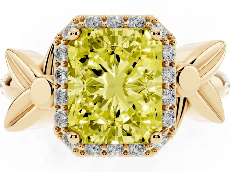Radiant Cut Floral Halo Engagement Ring Setting for a Fancy Yellow Lab-Grown Diamond | Yellow Gold