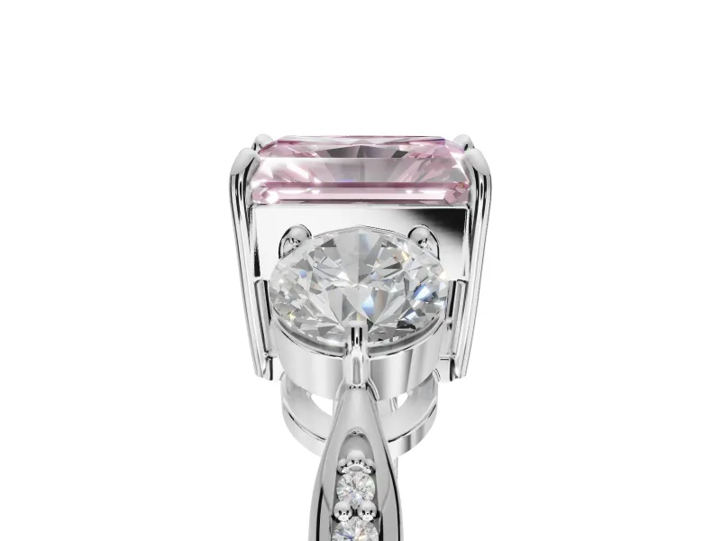 Radiant Cut Three Stone Engagement Ring Setting for a Fancy Pink Lab-Grown Diamond | Tapered Pave Band | Platinum