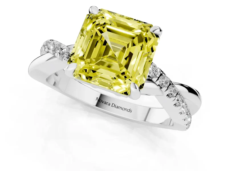 Fancy Yellow Asscher Cut Diamond Twist Band Solitaire Set in Platinum with Pavé Accents and Prong Setting