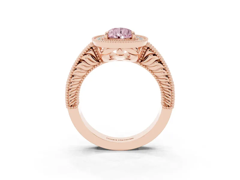 Fancy Pink Pear Cut Diamond Halo Ring Set in Rose gold with Round Accent Halo, Pavé Band and Prong Setting