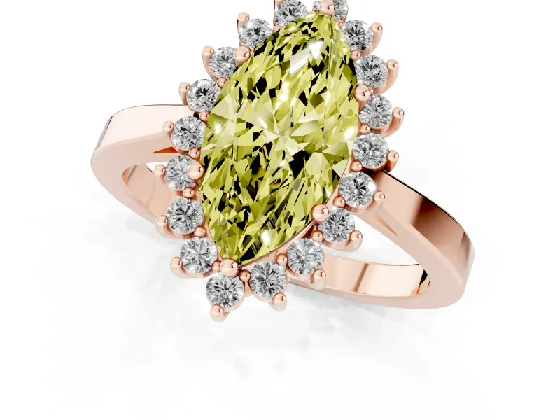 Fancy Yellow Marquise Cut Diamond Halo Ring Set in Rose gold with Round Halo and Smooth Solitaire Band