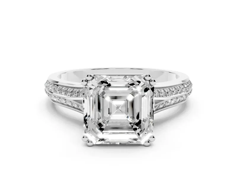 Asscher Cut Diamond Split Shank Pavé Engagement Ring Set in White gold with Prong-Set Center Stone