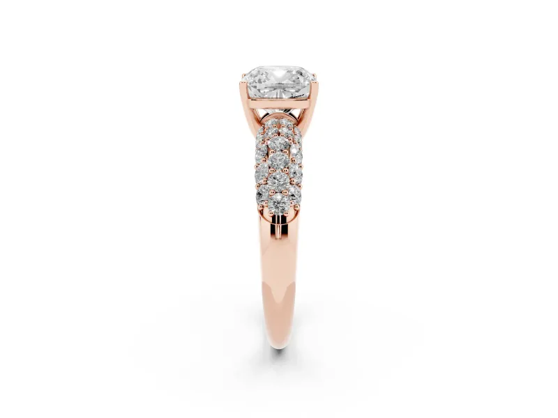 Cushion Cut Multi Row Pave Solitaire Engagement Ring Setting | Domed Shoulders | Rose Gold