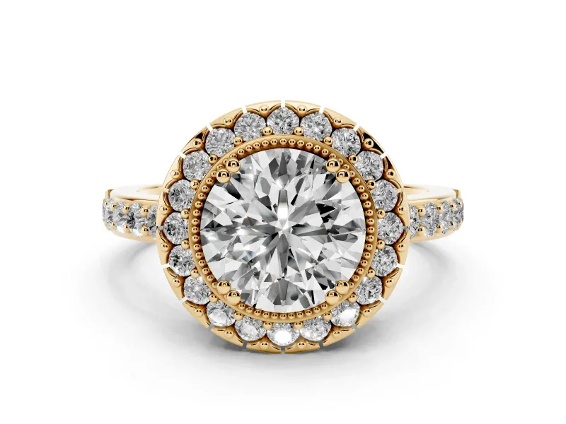 Round Cut Diamond Halo Ring Set in Yellow gold with Pavé Shank and Prong Setting