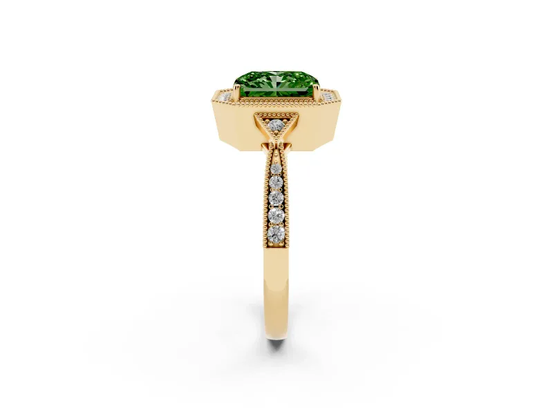 Radiant Cut Milgrain Halo Engagement Ring Setting for a Fancy Green Lab-Grown Diamond | Graduated Pavé | Yellow Gold