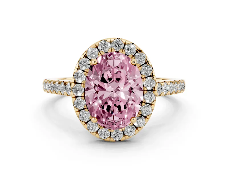 Fancy Pink Oval Cut Diamond Halo Pavé Engagement Ring Set in Yellow gold with Prong Setting