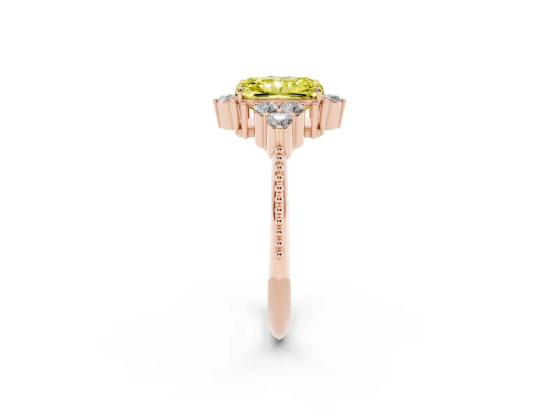 Fancy Yellow Radiant Cut Diamond Cluster Ring Set in Rose gold with Beaded Band