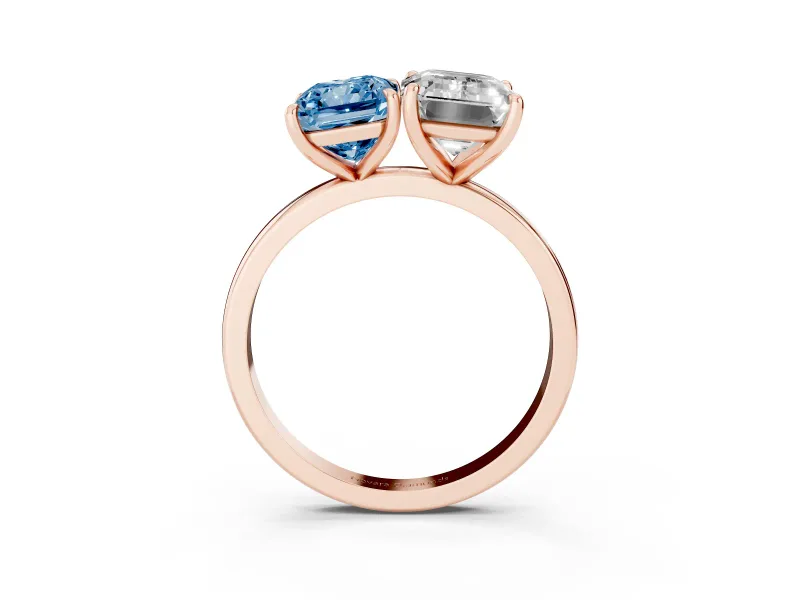 Fancy Blue Radiant Cut and Emerald Cut Toi Moi Ring Set in Rose gold with Prong Setting