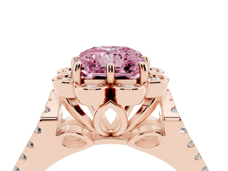 Radiant Cut Floral Halo Engagement Ring Setting for a Fancy Pink Lab-Grown Diamond | Pavé Split Shank | Rose Gold