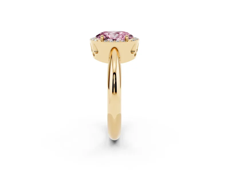 Fancy Pink Oval Cut Diamond Halo Engagement Ring Set in Yellow gold with Plain Split Shank and Prong Setting