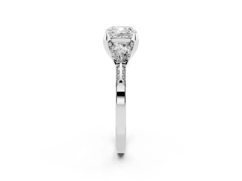 Cushion Cut Hidden Halo Three Stone Engagement Ring Setting | Pave Gallery | White Gold