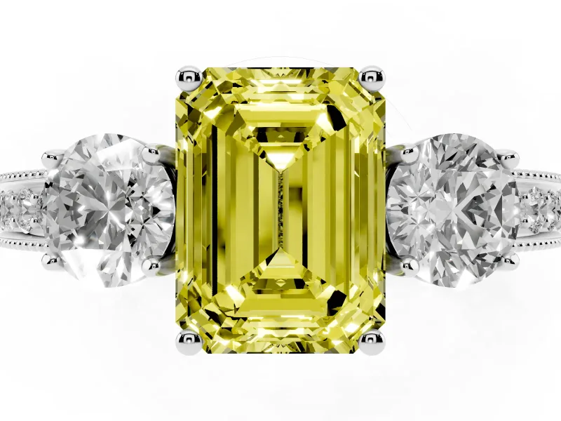 Fancy Yellow Emerald Cut Diamond Three-Stone Ring Set in Silver with Round Side Stones and Pavé Band