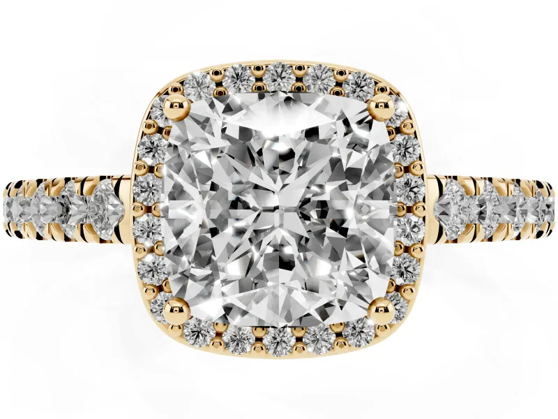 Cushion Cut Halo Pavé Engagement Ring Setting | Single Row Shoulders | Yellow Gold