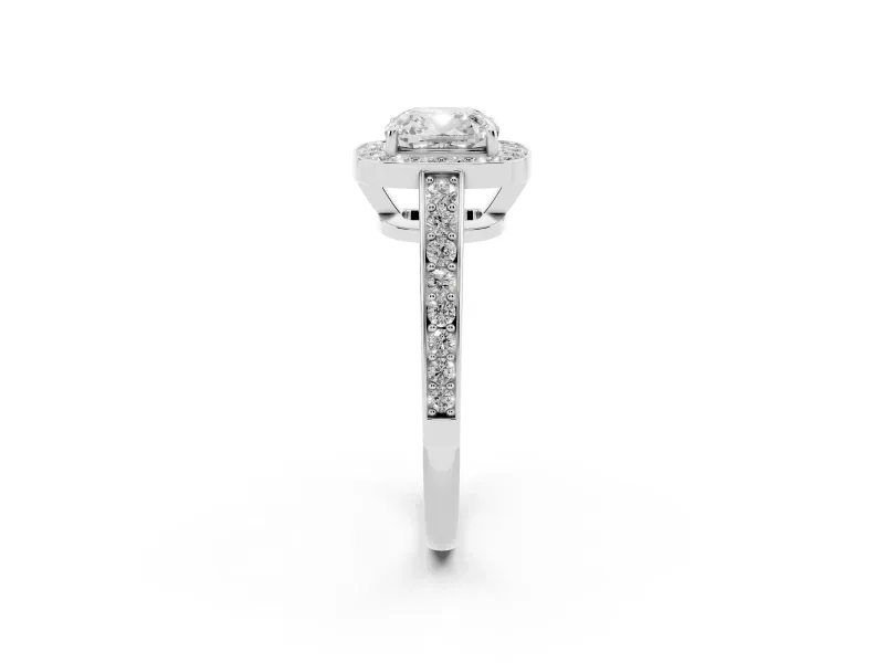 Cushion Cut Diamond Halo Pavé Engagement Ring Set in White gold with Bezel Setting
