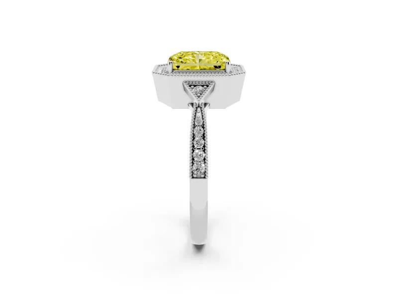 Fancy Yellow Radiant Cut Diamond Halo Engagement Ring Set in White gold with Milgrain Pavé Band