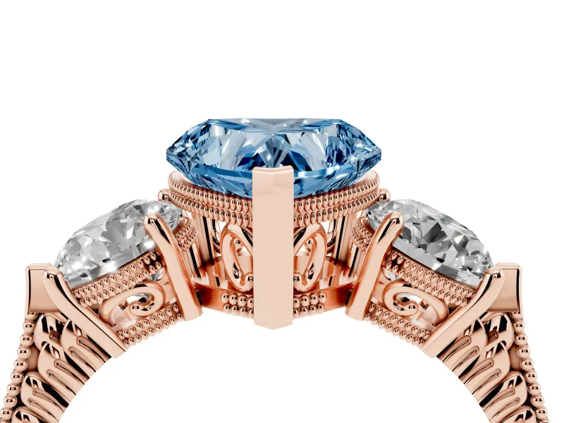 Fancy Blue Heart Cut Diamond Three-Stone Ring Set in Rose gold with Milgrain Band