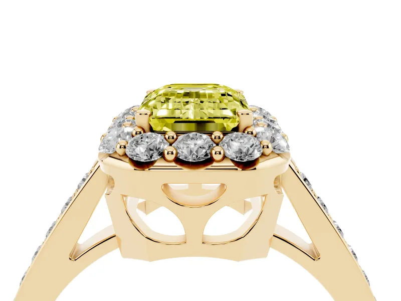 Emerald Cut Floral Halo Engagement Ring Setting for a Fancy Yellow Lab-Grown Diamond | Large Round Accents | Yellow Gold